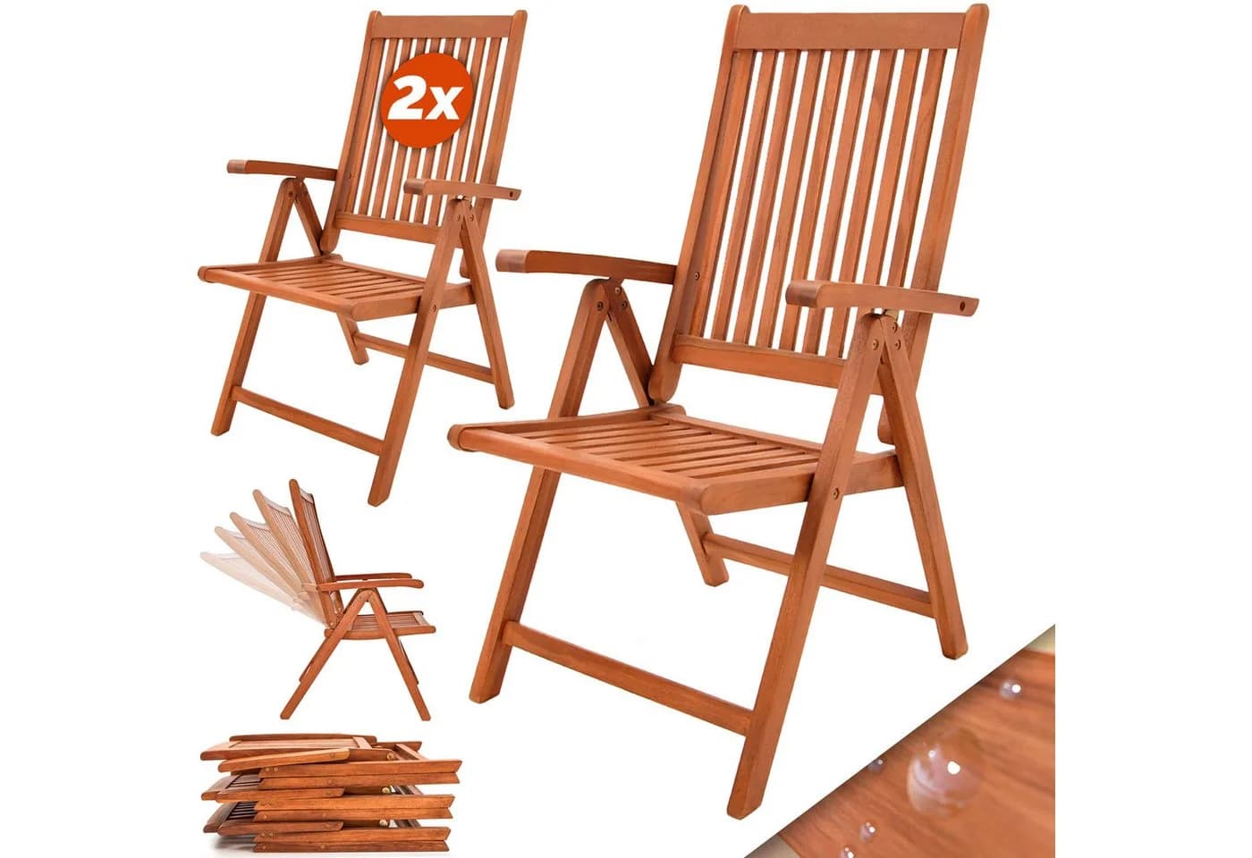Casaria Gartenstuhl Vanamo 2er Set FSC Eukalyptus Klappbar Braun - Bild 2