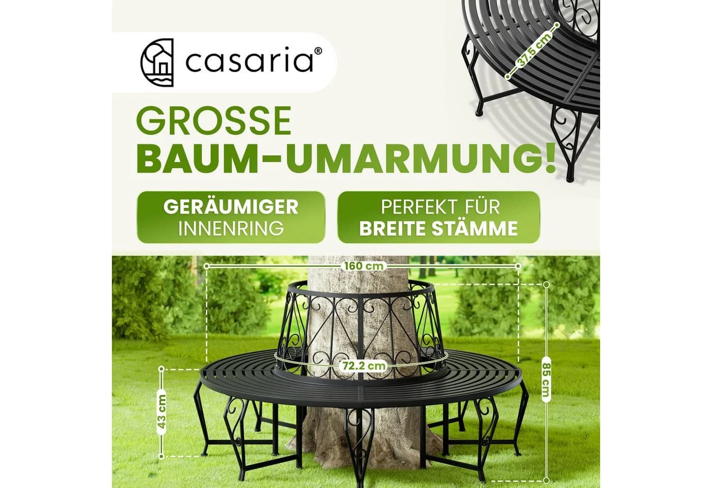 Casaria Bank Sitzbank Ø160cm Metall 320kg Belastbar Garten Baum Schwarz - Bild 5