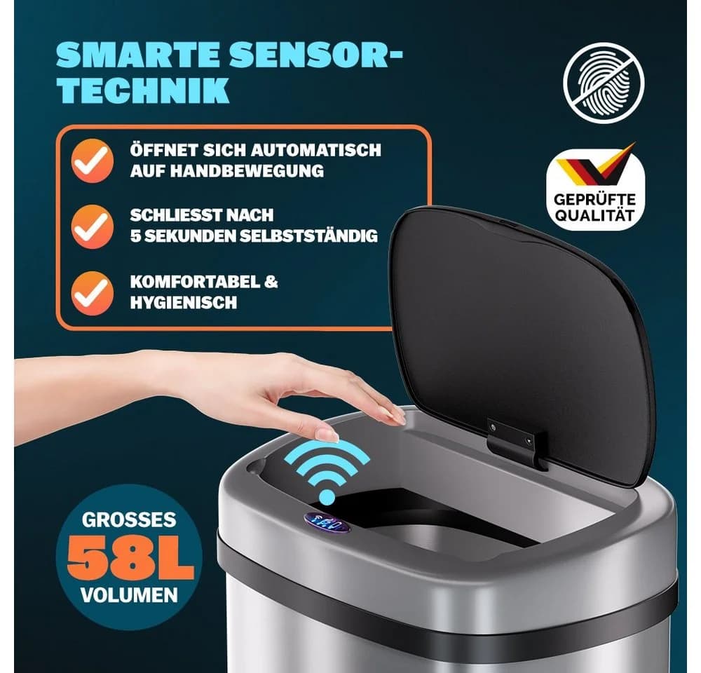 monzana Sensor Mülleimer 58L Edelstahl Automatisch Silber - Bild 3