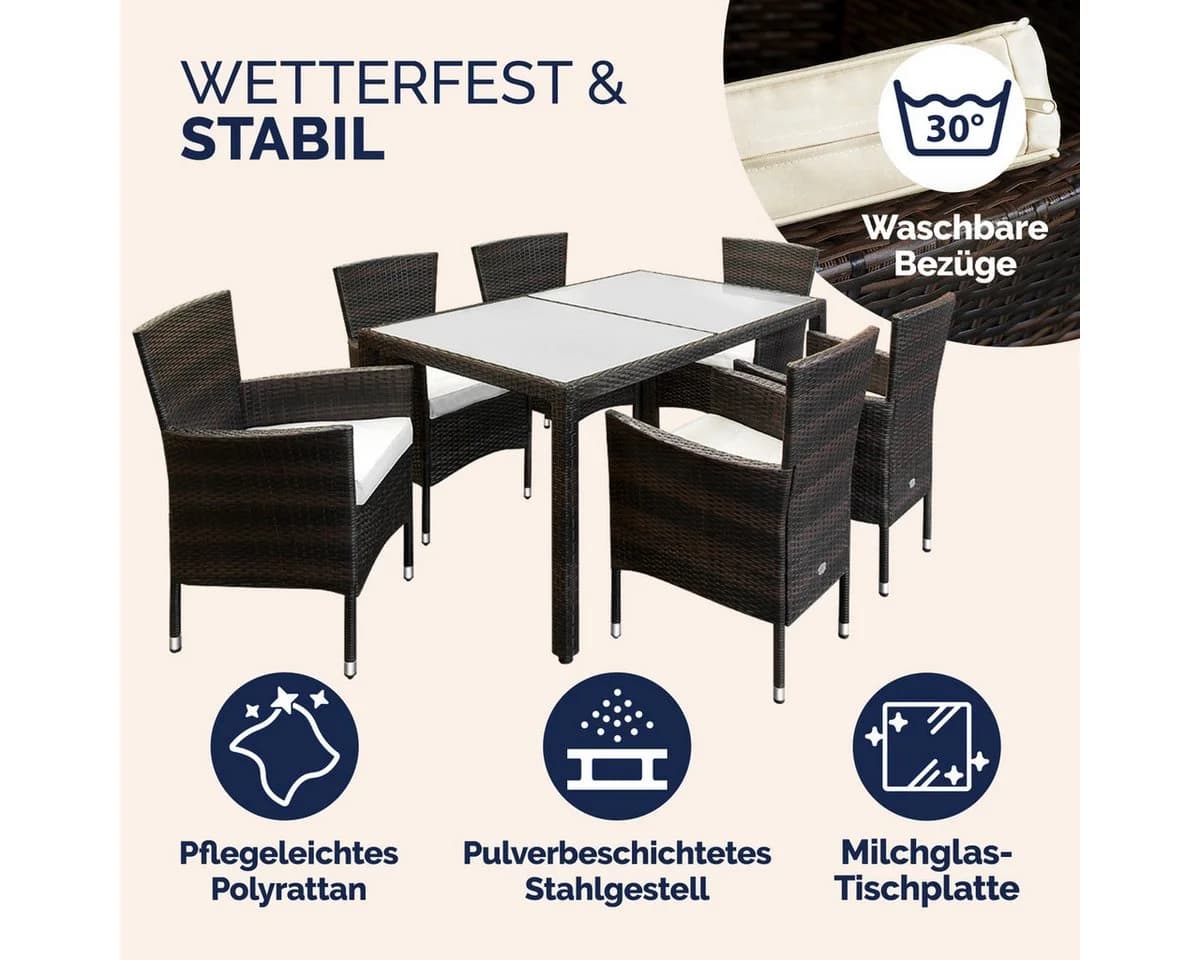 Casaria Garten-Essgruppe 6+1 mit Polyrattan und Sicherheitsglas