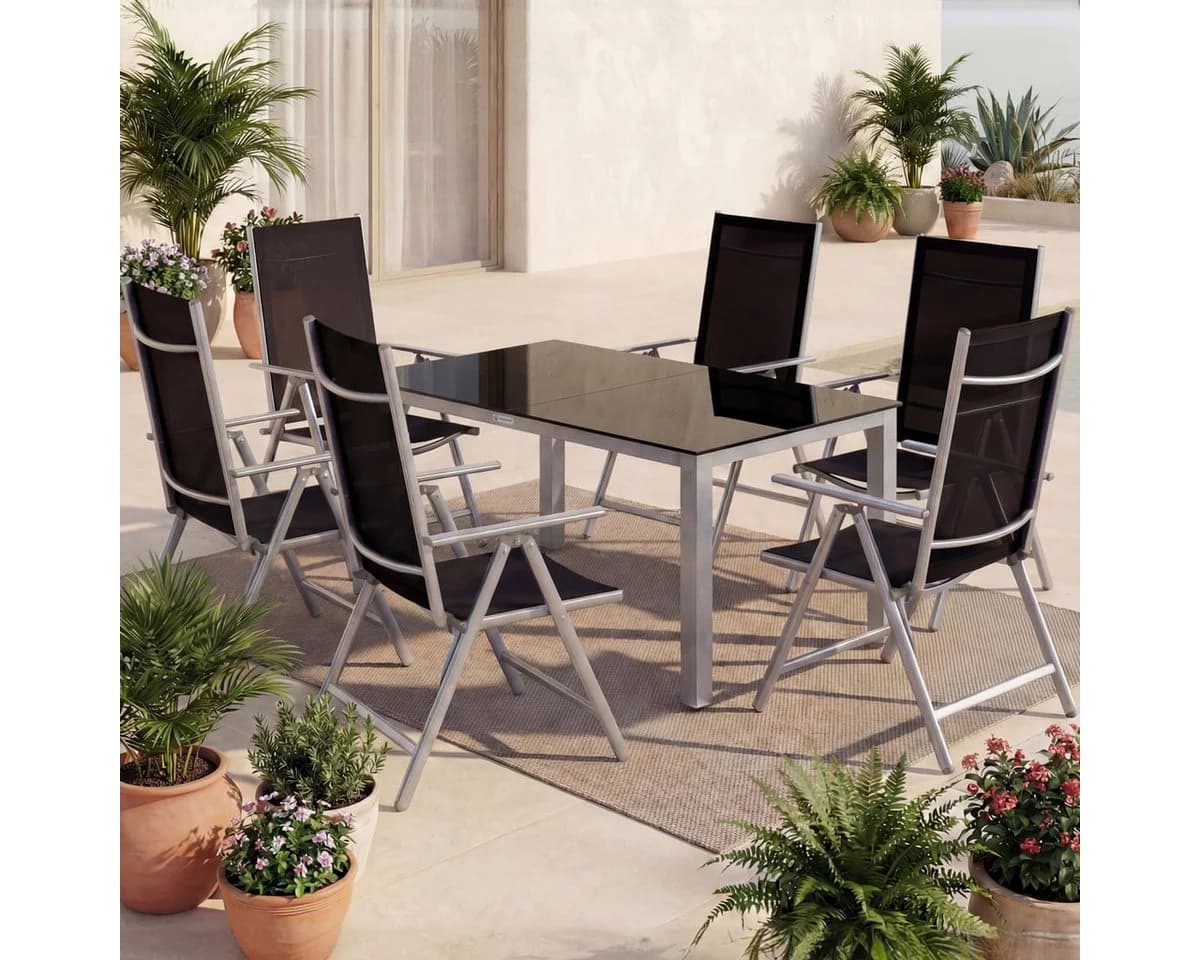 Casaria Garten-Essgruppe Bern 7-tlg. Aluminium Glas Silber Schwarz