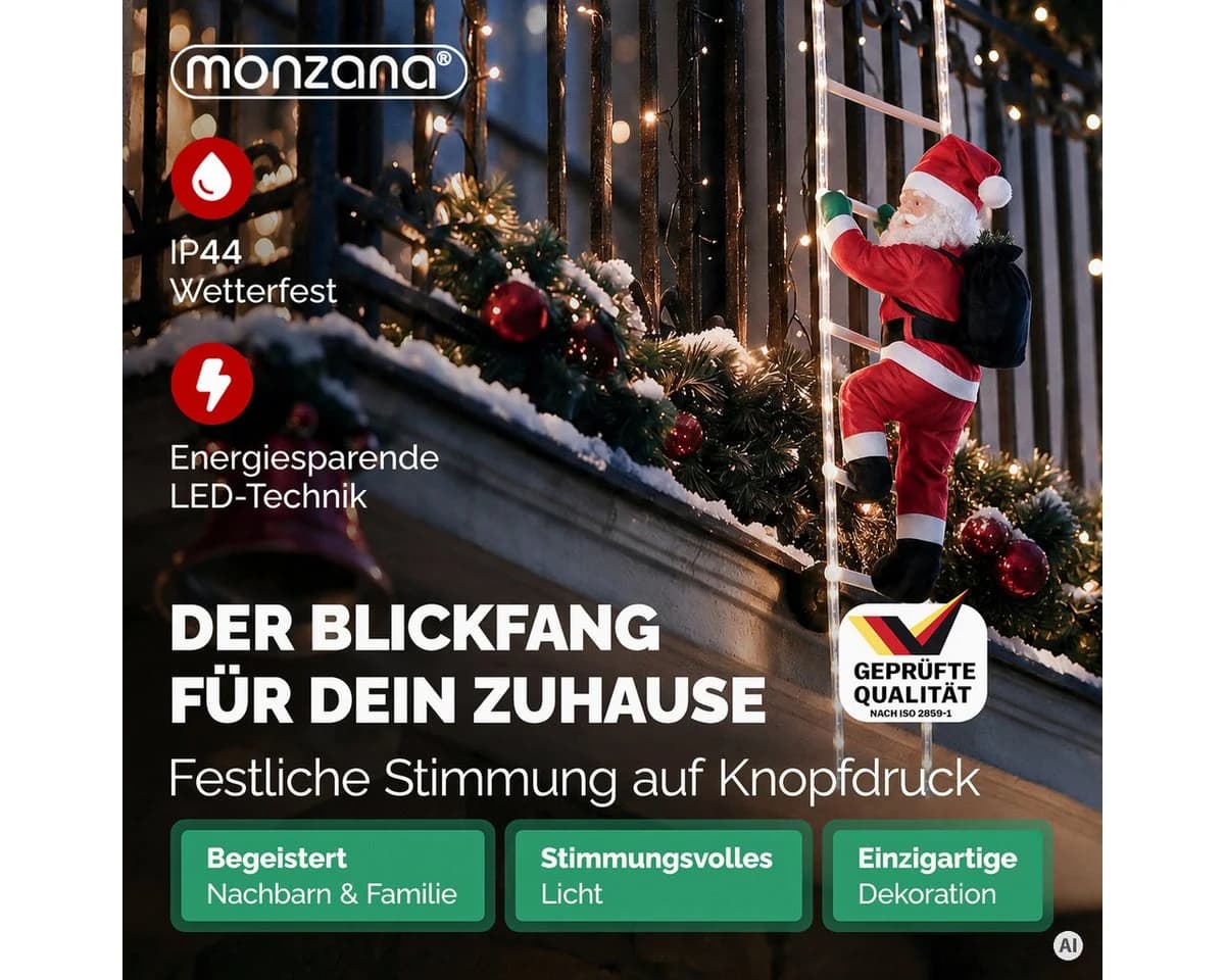 monzana Weihnachtsmann auf Leiter mit 40 LEDs, 90cm, rot, dimmbar, Timer, IP44