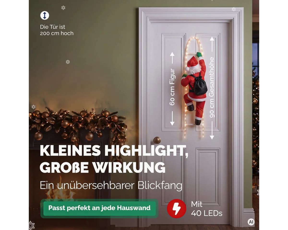 monzana Weihnachtsmann auf Leiter mit 40 LEDs, 90cm, rot, dimmbar, Timer, IP44 - Bild 3