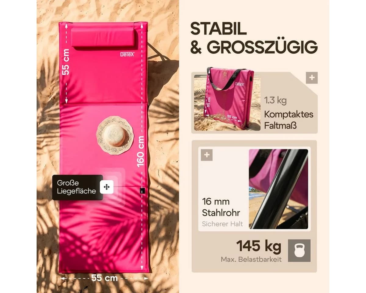 Detex Gartenliege Strandmatte Gepolstert Rosa mit Rückenlehne - Bild 3