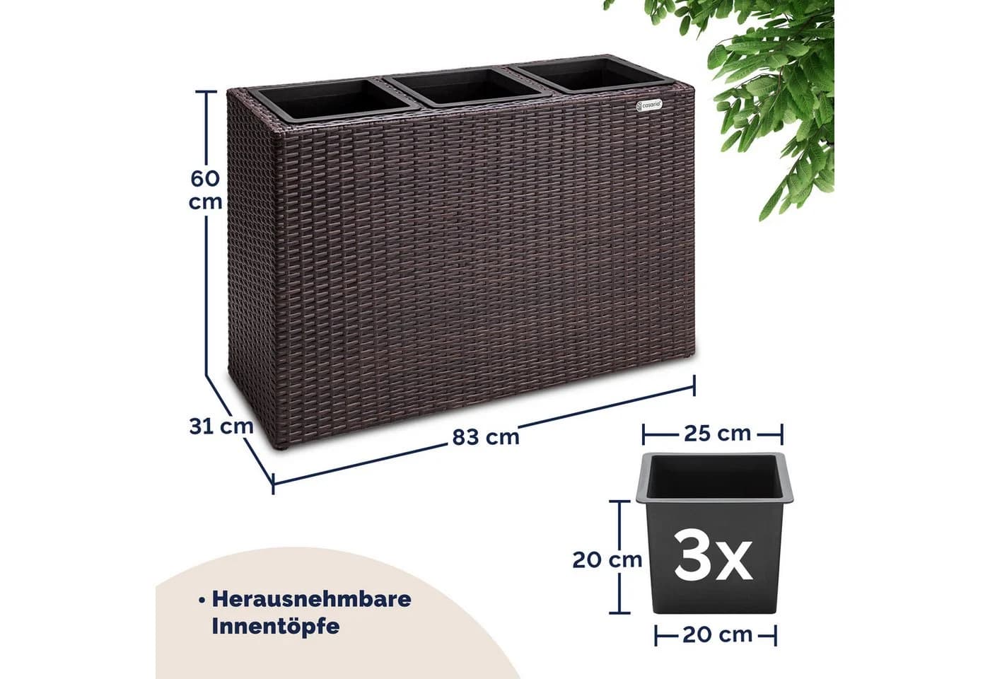 Casaria Pflanzkübel 3 Innentöpfe Polyrattan Braun Modern - Bild 3