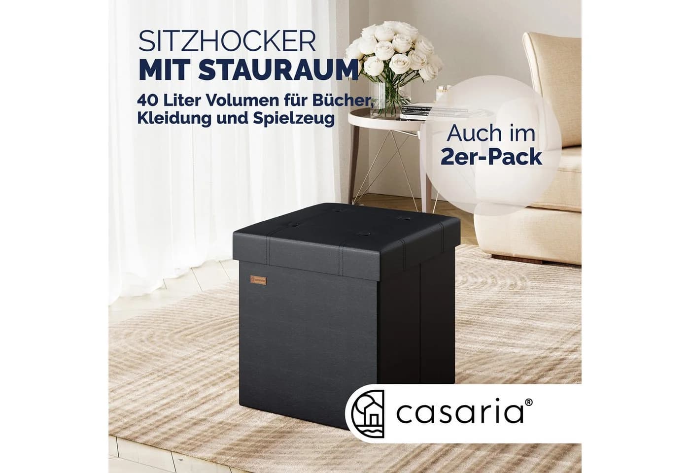 Casaria Sitzhocker Schwarz Faltbar mit Stauraum Gepolstert