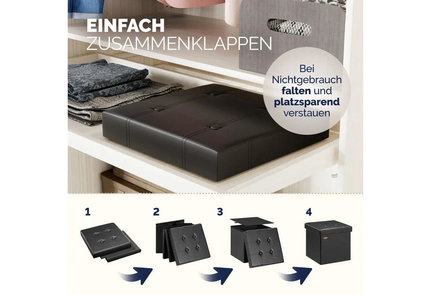 Casaria Sitzhocker Schwarz Faltbar mit Stauraum Gepolstert - Bild 5