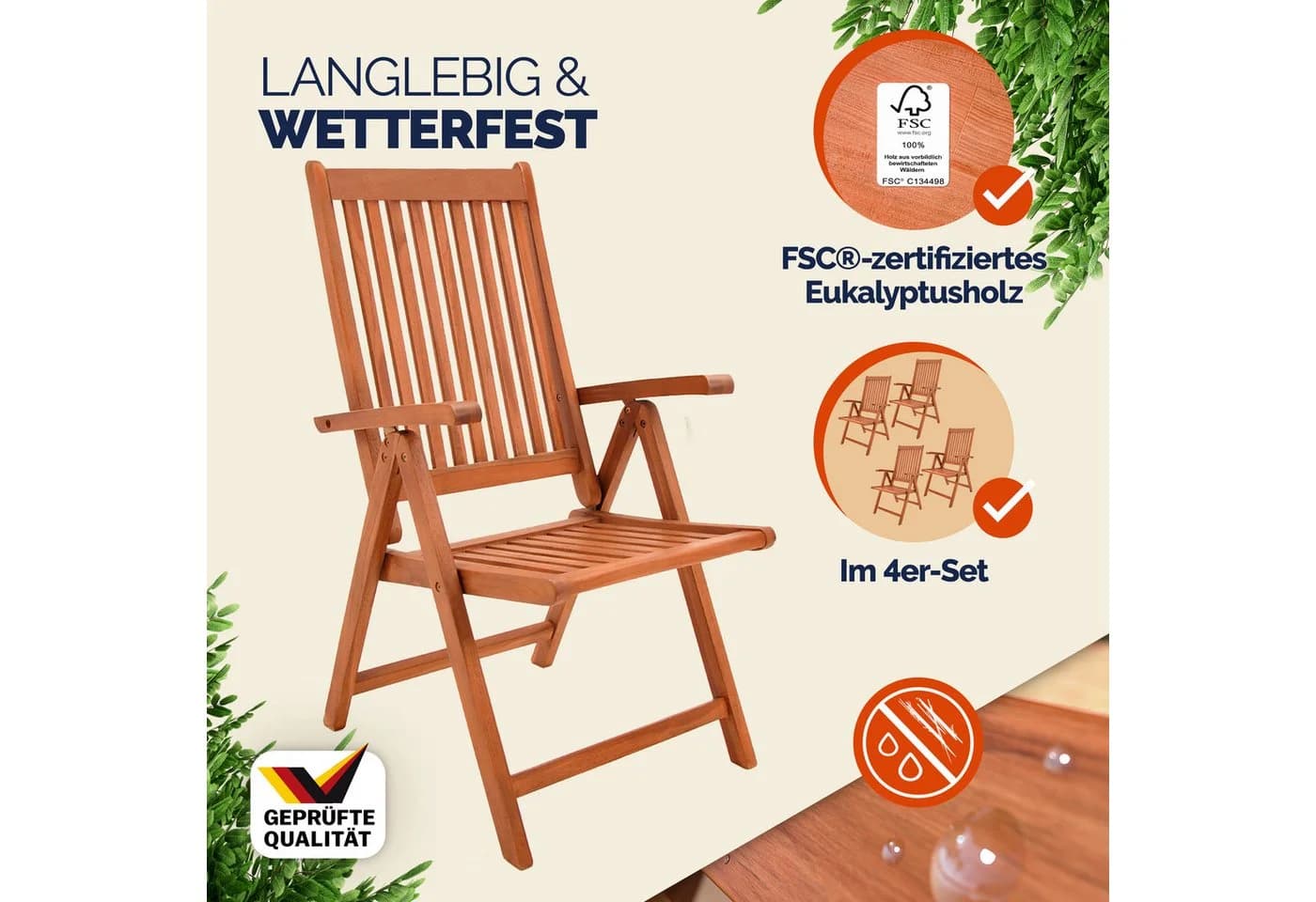 Casaria Gartenstuhl Vanamo 4-tlg. FSC Eukalyptus Klappbar Braun