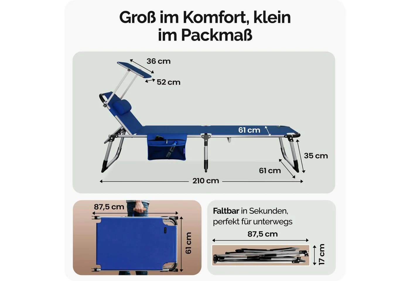 Casaria Gartenliege Malta Alu Klappbar mit Dach Kissen Blau - Bild 3