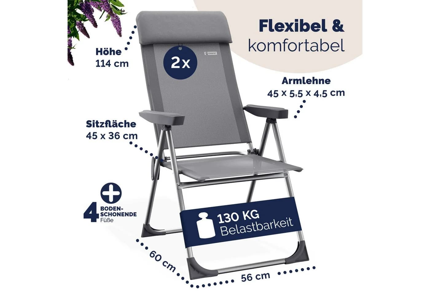 Casaria Gartenstuhl 2er Set Hochlehner 7-fach Verstellbar Alu Klappbar Grau - Bild 3