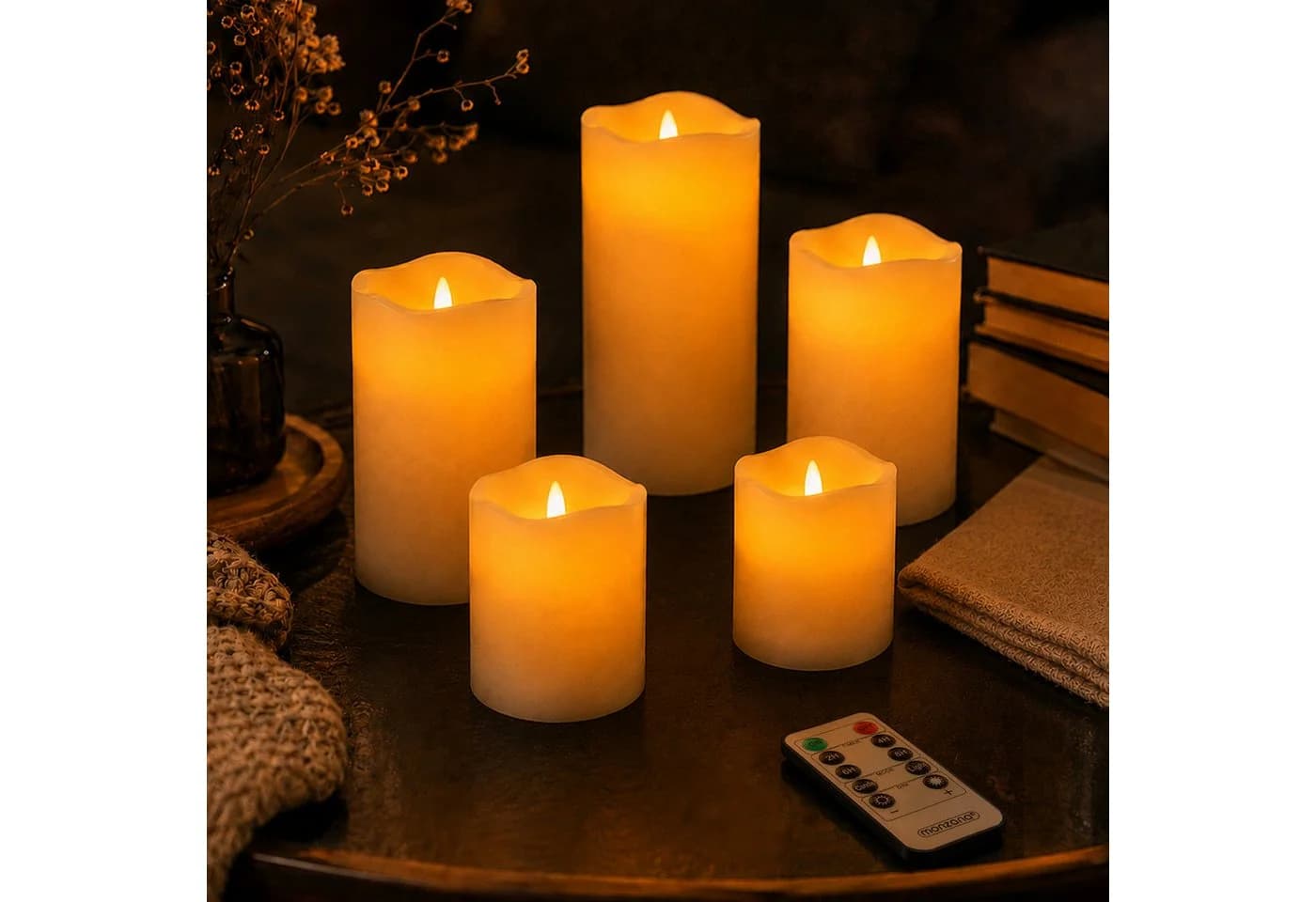 Deuba LED-Kerze mit Timer flackernd Echtwachs Dimmfunktion Warmweiß 1xSet je 5 Größen