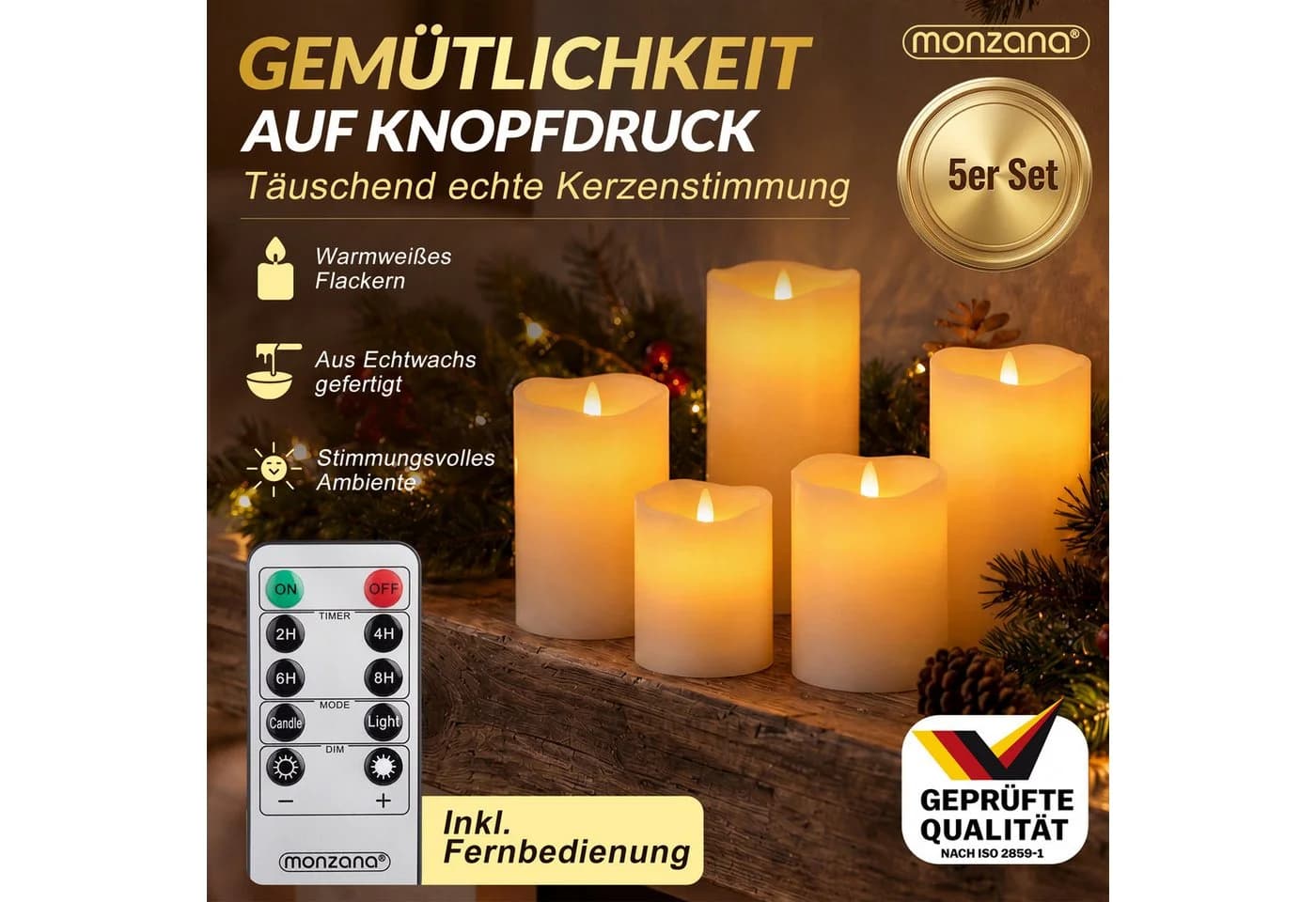 Deuba LED-Kerze mit Timer flackernd Echtwachs Dimmfunktion Warmweiß 1xSet je 5 Größen - Bild 3