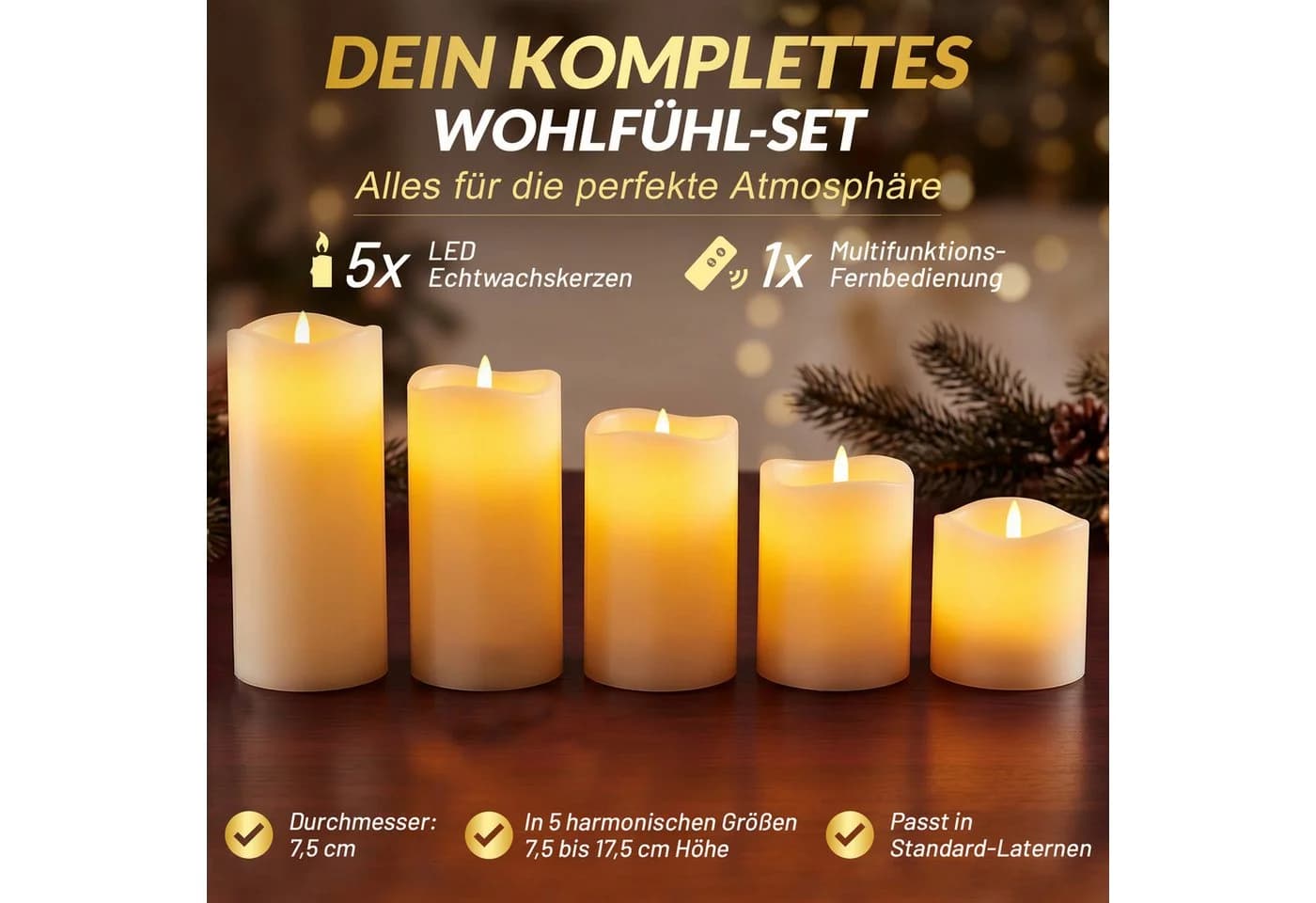Deuba LED-Kerze mit Timer flackernd Echtwachs Dimmfunktion Warmweiß 1xSet je 5 Größen - Bild 5