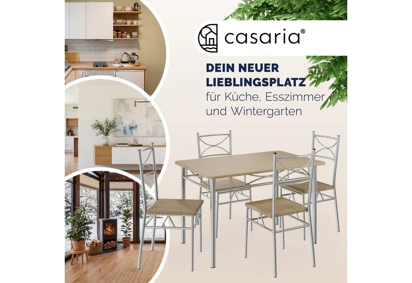 Casaria Essgruppe Paul 5-tlg. Esstisch mit 4 Stühlen Beige Metall