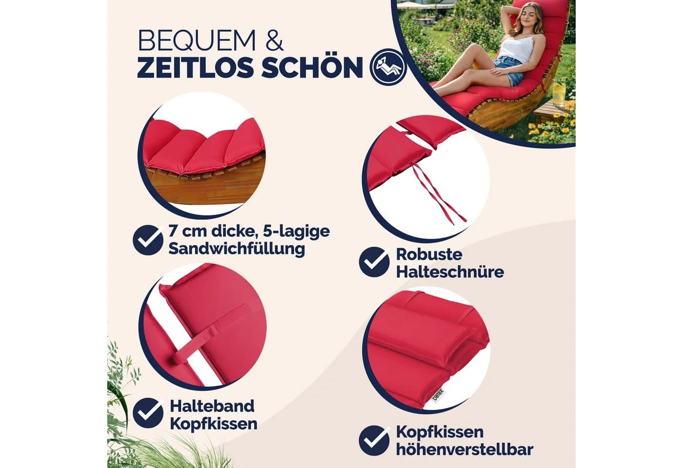 Detex Polsterauflage Orange/Rot wasserabweisend mit Kopfkissen - Bild 3