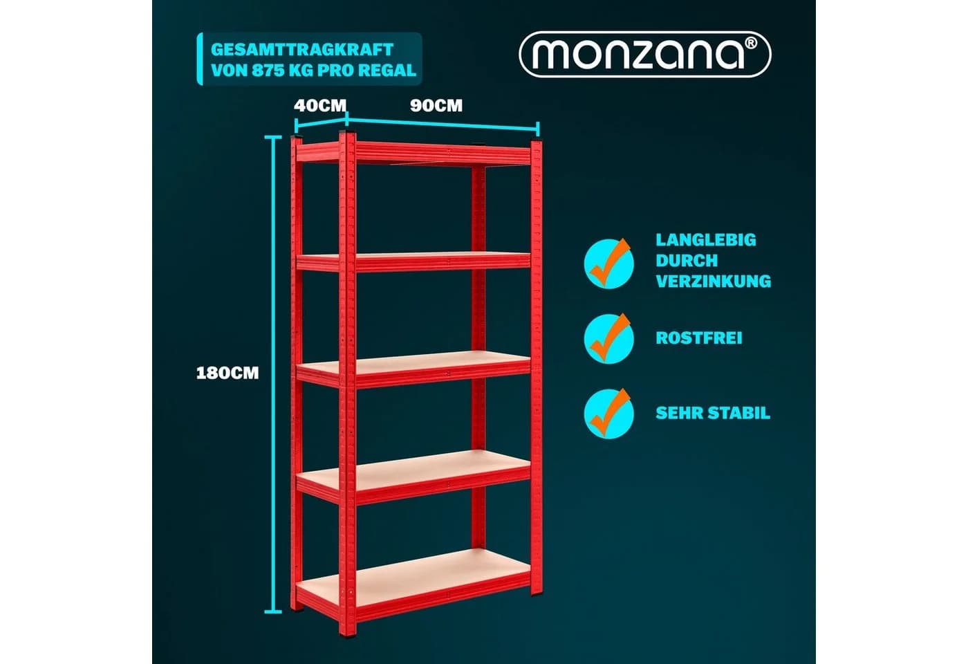 monzana Schwerlastregal Rot 5 Böden Metall - Bild 5