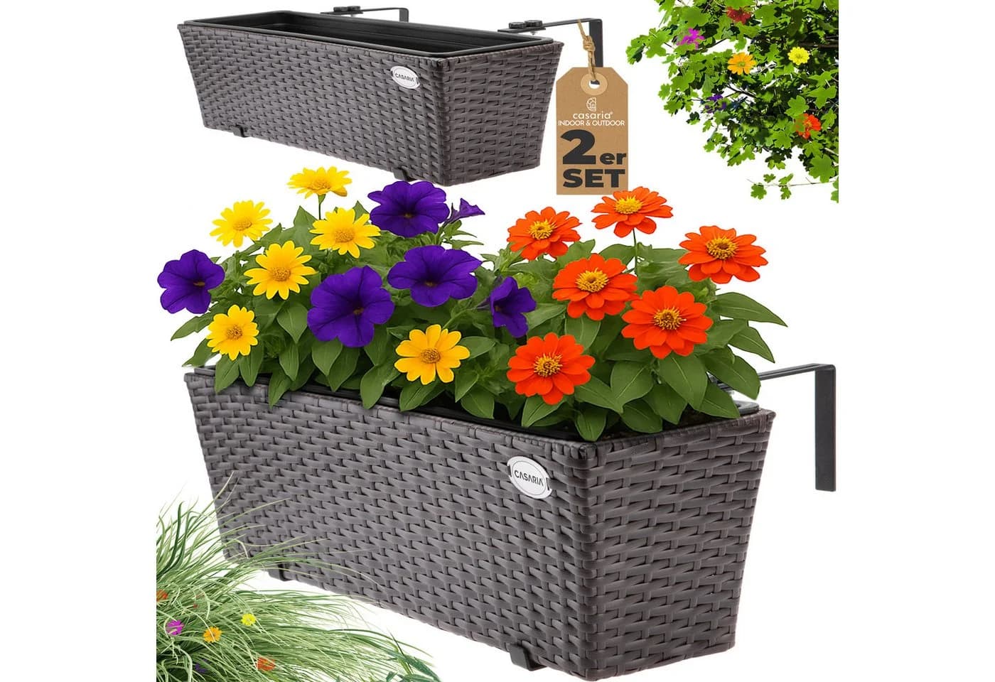 Casaria Blumenkasten 2er Set 11L Polyrattan mit Halterung - Bild 2