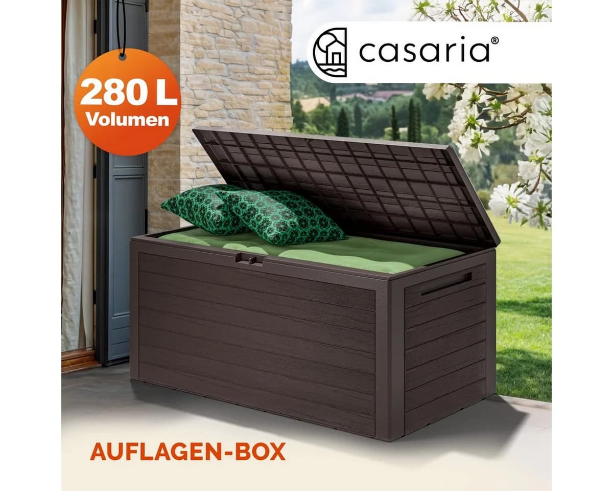 Casaria Auflagenbox Woody 280L UV-beständig Griffmulden Verschließbar Balkon Holz-Optik Braun