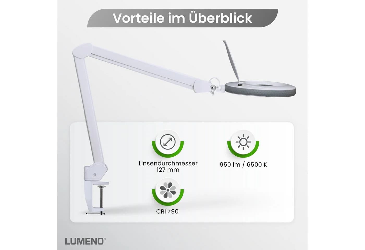 Lumeno Lupenlampe 721X LED mit Tischklemme und Echtglaslinse Grau/Weiß