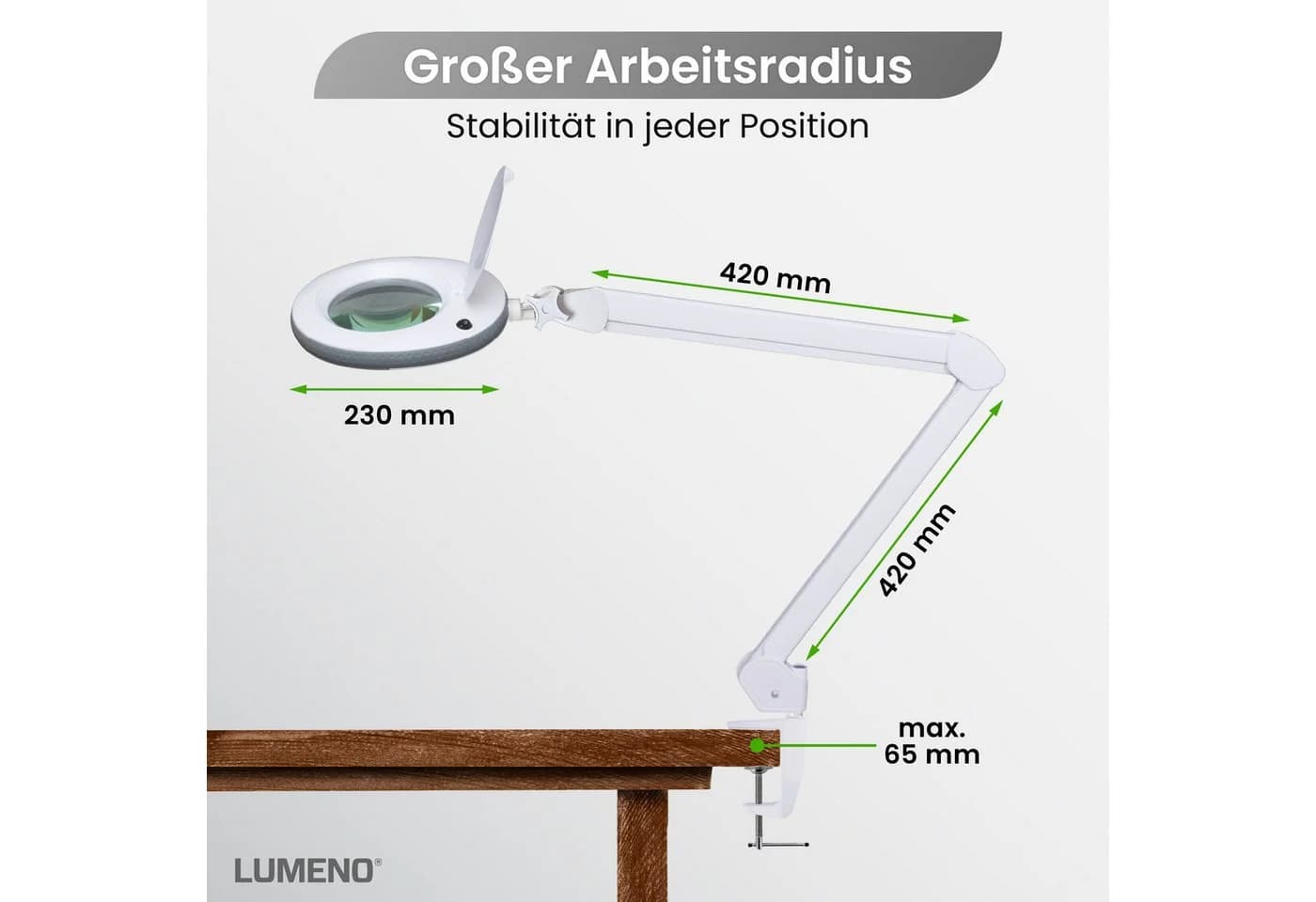 Lumeno Lupenlampe 721X LED mit Tischklemme und Echtglaslinse Grau/Weiß - Bild 3