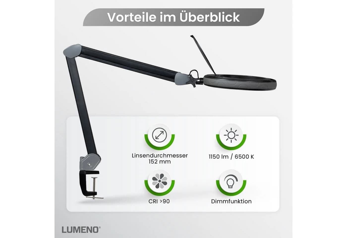 Lumeno Lupenlampe 851X Dimmbar LED 152mm Glaslinse Schwarz - Bild 1