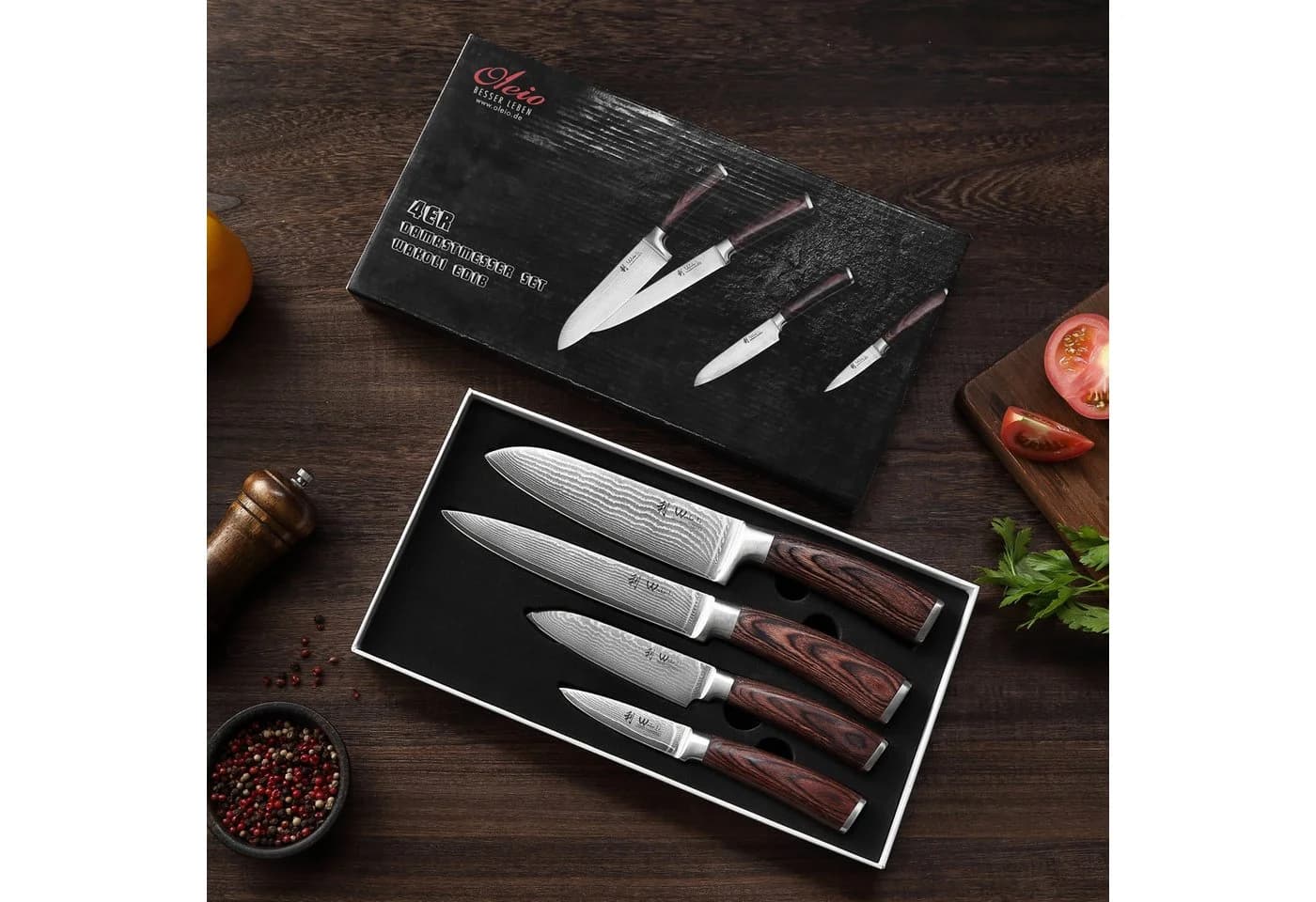 Wakoli Damastmesser-Set 4-tlg. mit VG10-Kern & Pakkaholzgriff