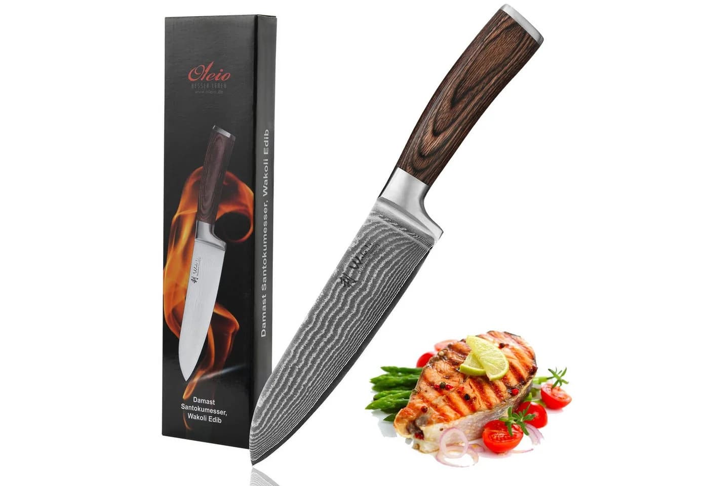 Wakoli Damast Santoku Messer 17cm VG10 Kern Pakkaholzgriff - Bild 2