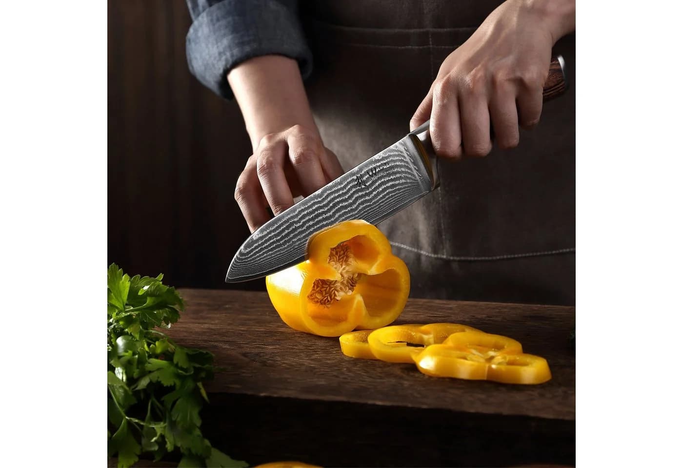 Wakoli Damast Santoku Messer 17cm VG10 Kern Pakkaholzgriff - Bild 4