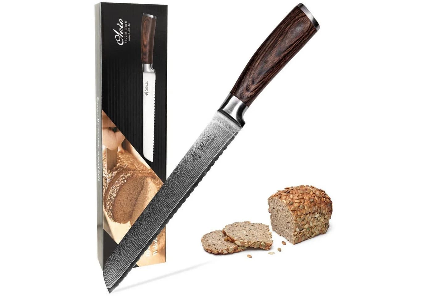 Wakoli Damast Brotmesser 20cm Wellenschliff Pakkaholzgriff