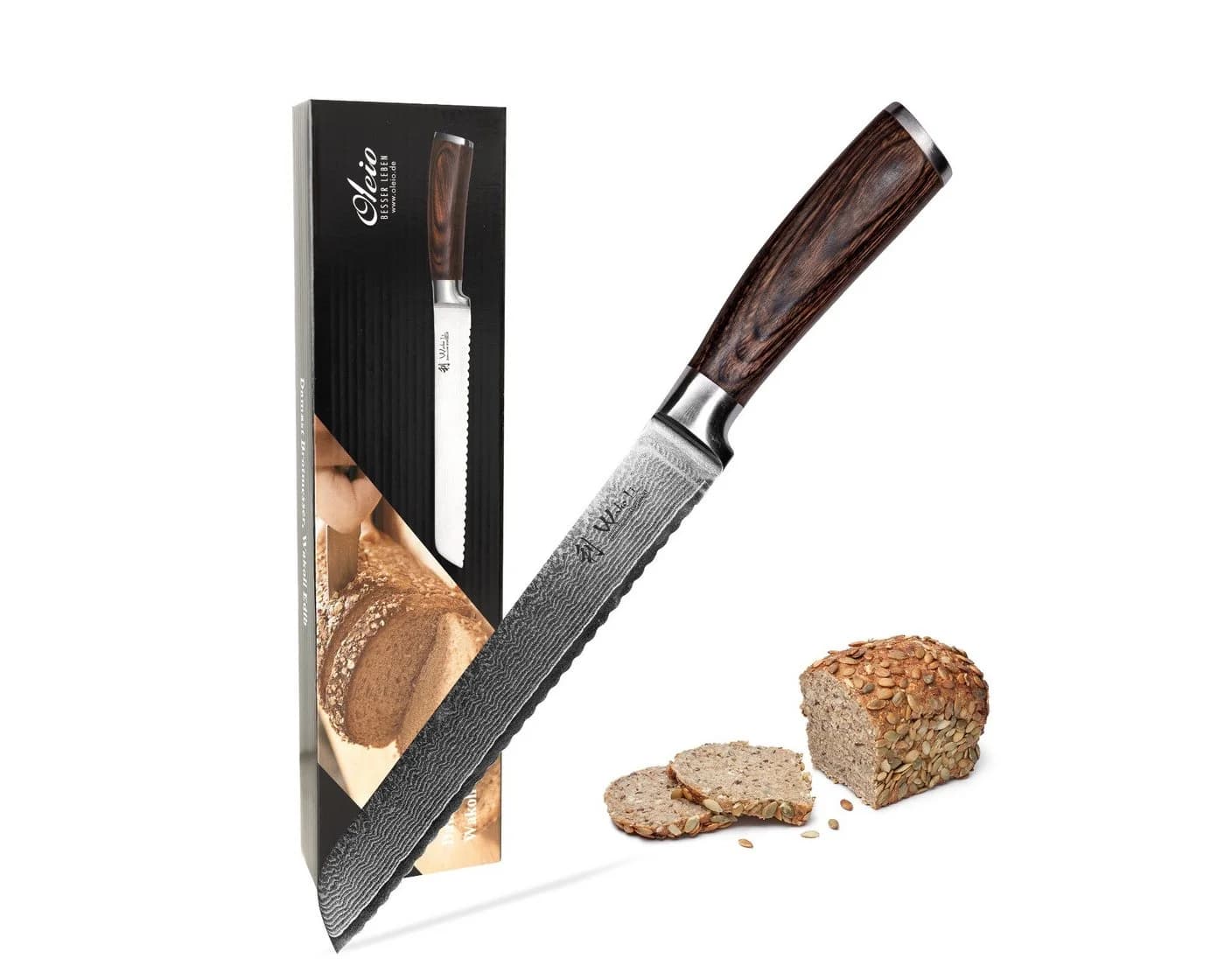 Wakoli Damast Brotmesser 20cm Wellenschliff Pakkaholzgriff - Bild 2