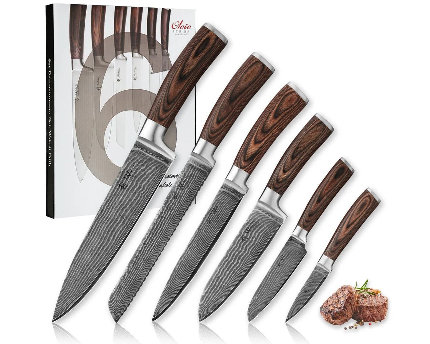 Wakoli Damastmesser-Set 6-tlg. mit Pakkaholzgriffen & Geschenkbox - Bild 2