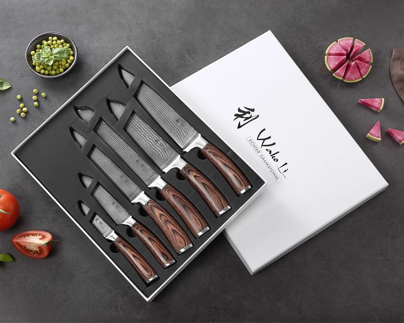Wakoli Damastmesser-Set 6-tlg. mit Pakkaholzgriffen & Geschenkbox - Bild 4