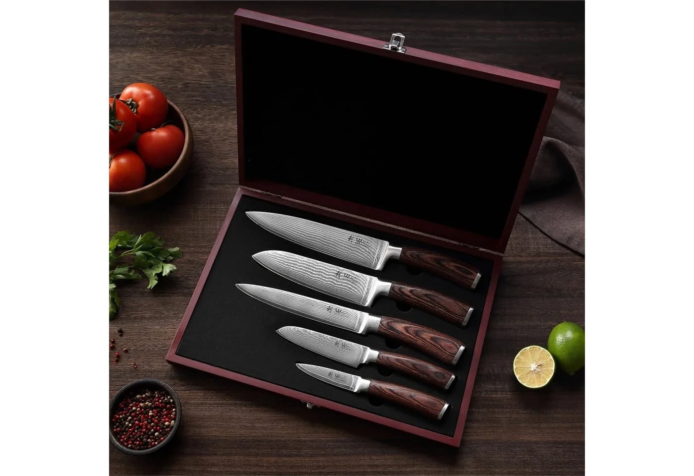 Wakoli Messer-Set Edib 5-tlg. Damastmesser mit Pakkaholzgriff und Holzbox