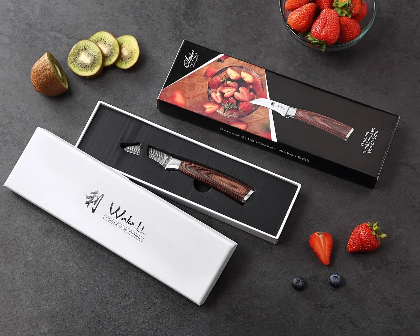 Wakoli Damast Schälmesser EDIB 6 cm Klinge Pakkaholzgriff