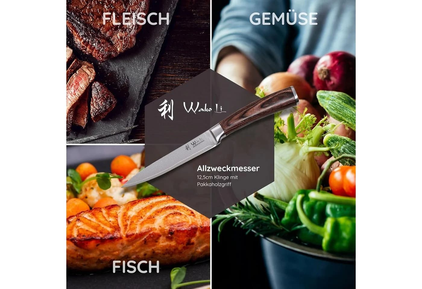 Wakoli Damastmesser EDIB Allzweckmesser 12,5 cm Klinge Pakkaholzgriff - Bild 3