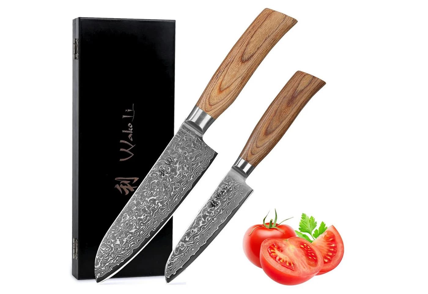 Wakoli Damastmesser Set 2-tlg. Santoku 11 & 16cm Pakkaholzgriffe - Bild 2