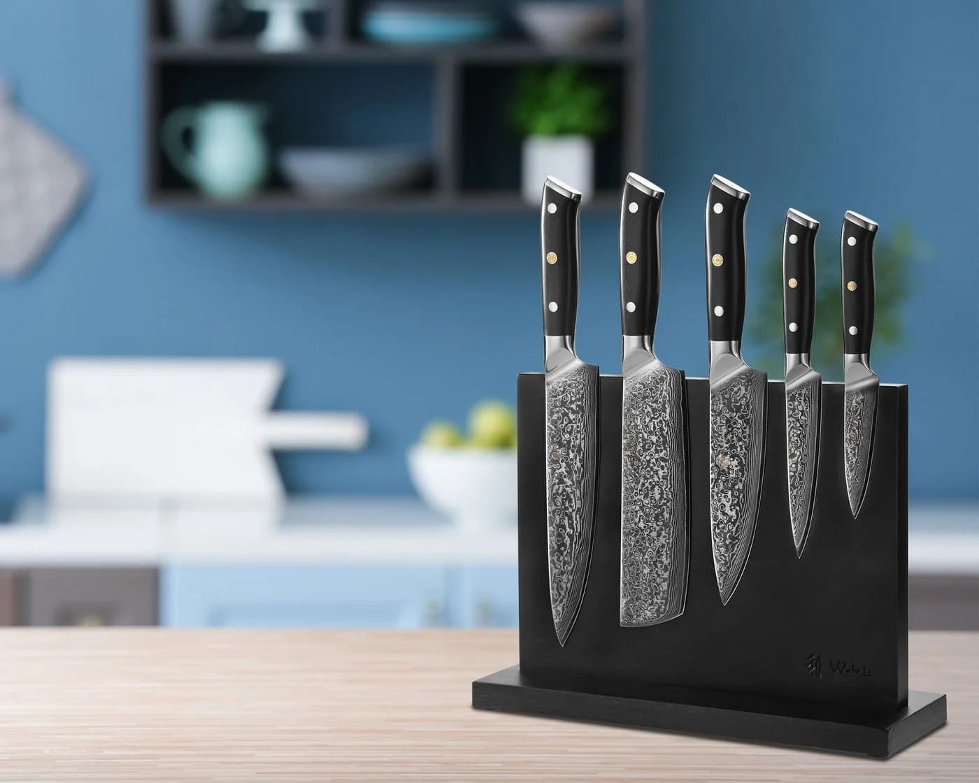 Wakoli Messer-Set Elite Cuisine 5 Damastmesser & Magnetblock Schwarz/Silber