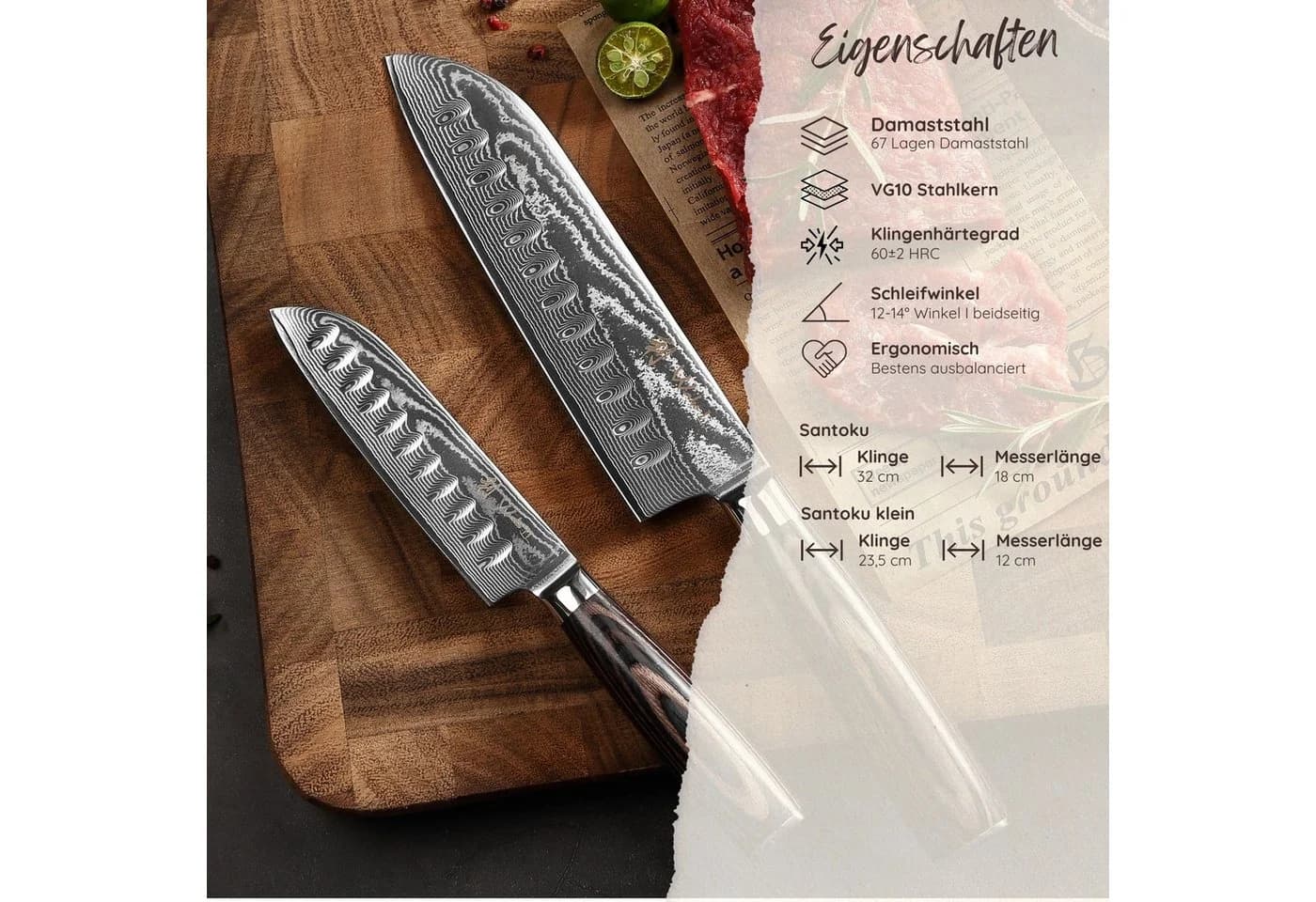 Wakoli 2-tlg. Damast Santoku-Messer-Set mit VG10 Kern & Pakkaholzgriff