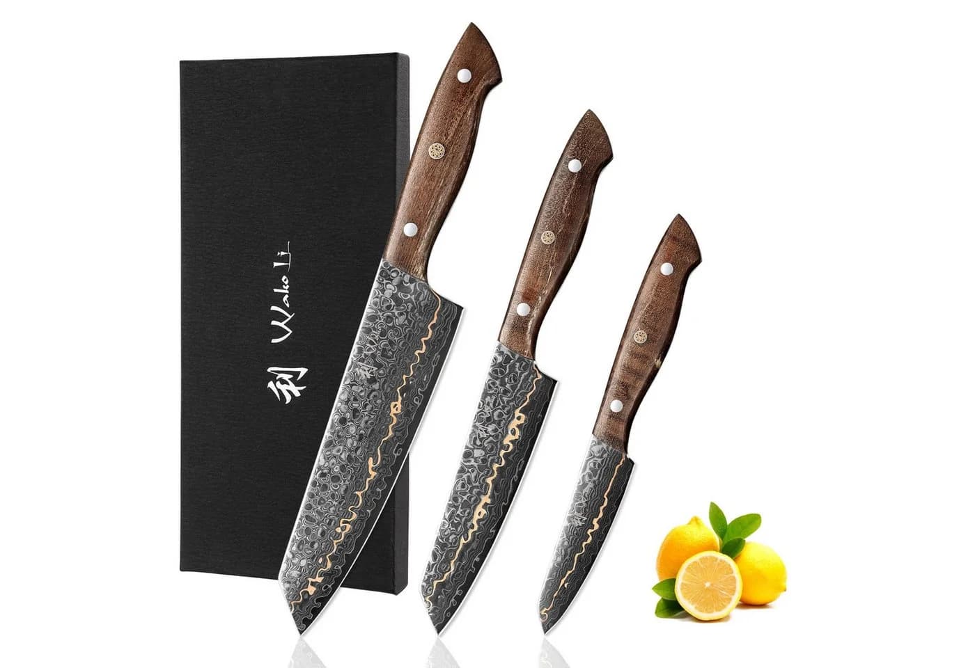 Wakoli Messer-Set 3-tlg. Damaststahl mit Kupfereinlage Ahornwurzelholz - Bild 2