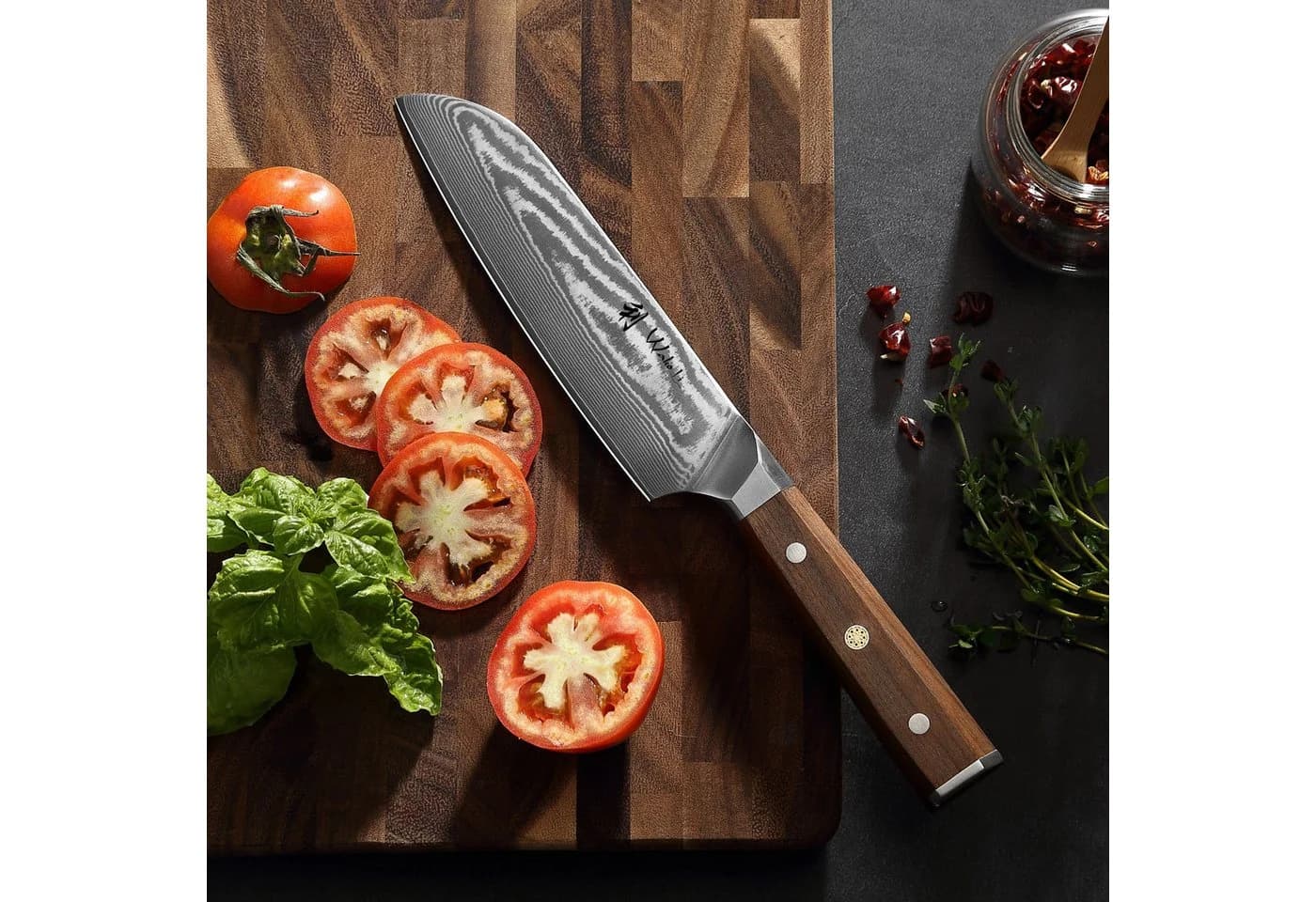 Wakoli Santoku Damastmesser 18cm VG-10 Kern Walnussholzgriff