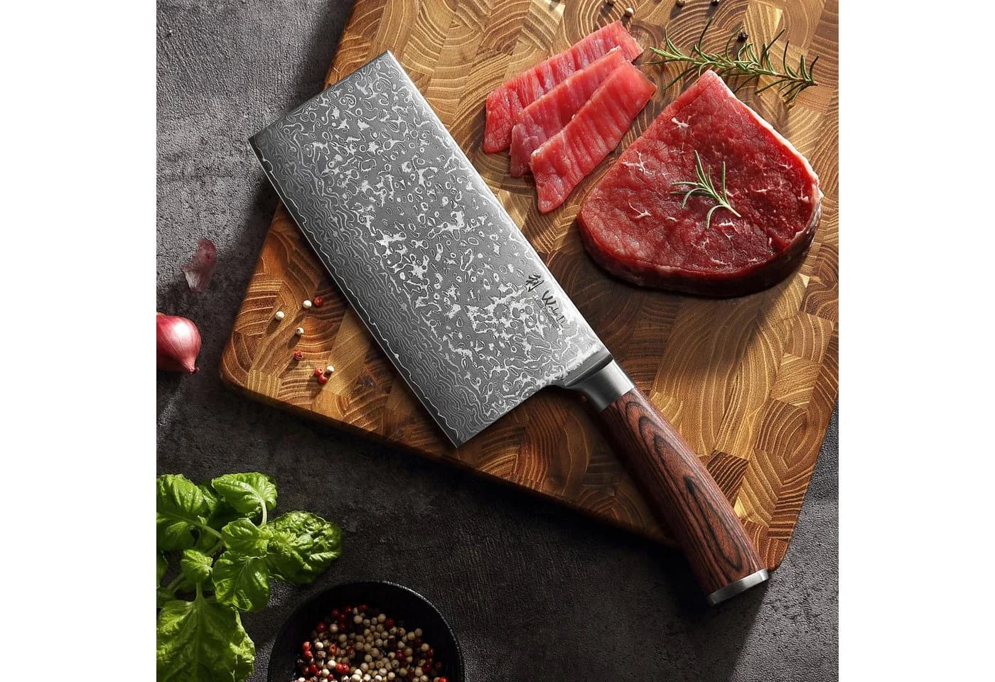 Wakoli Hackmesser EDIB Sakura Damast 19 cm Klinge VG-10 Kern Pakkaholz