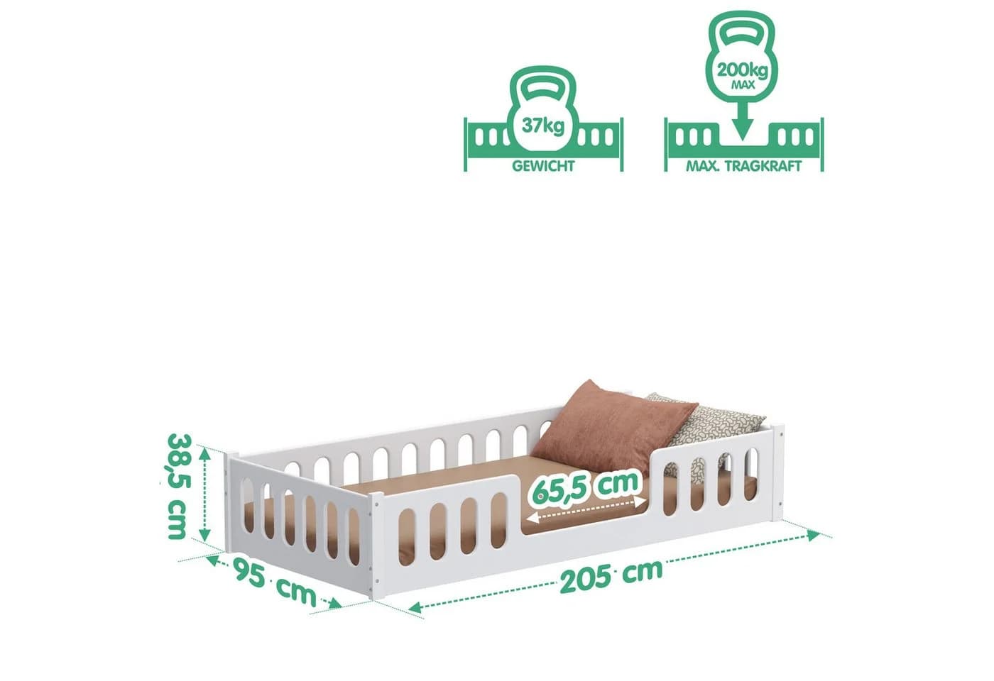 CADANI Kinderbett MONTE Bodenbett Weiß 2in1 Montessori mit Rausfallschutz - Bild 4