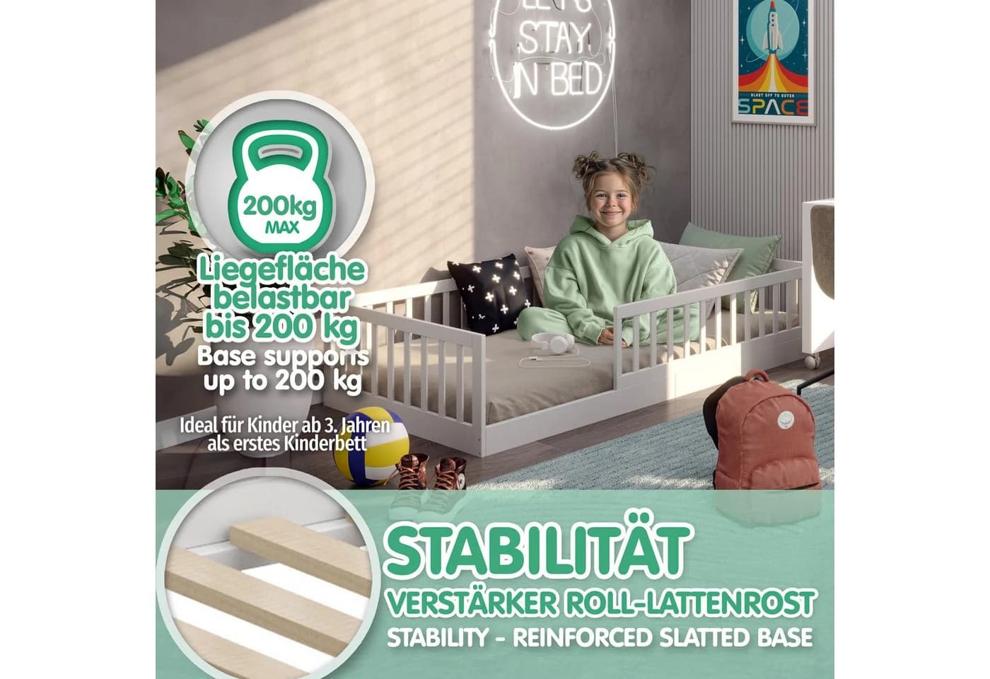 CADANI Kinderbett Timi Bodenbett Weiß Massivholz Montessori - Bild 5