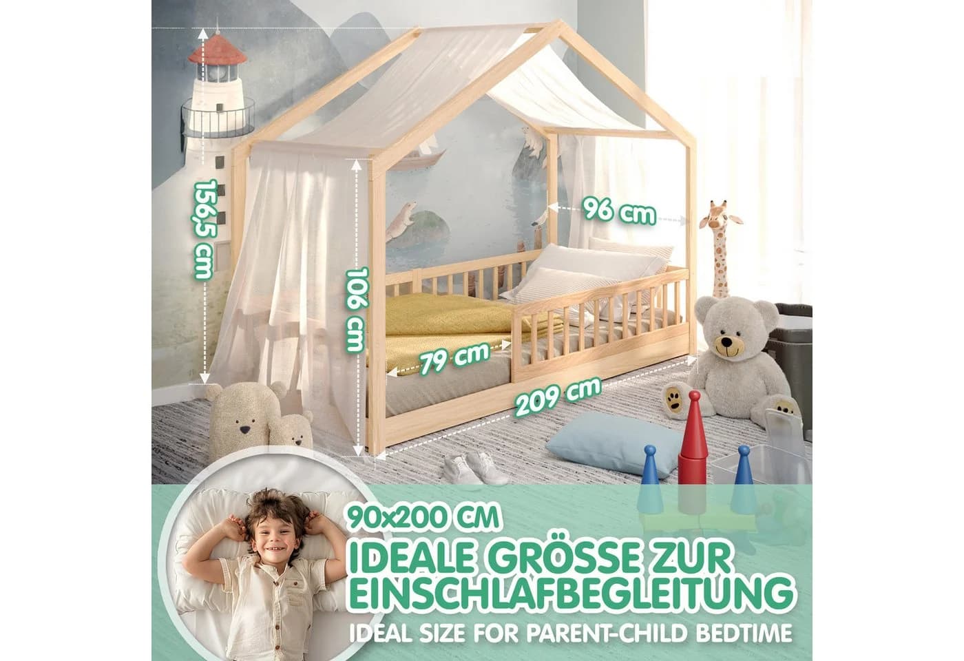 CADANI Kinderbett Malte Hausbett Bodenbett Kiefer Massivholz - Bild 4