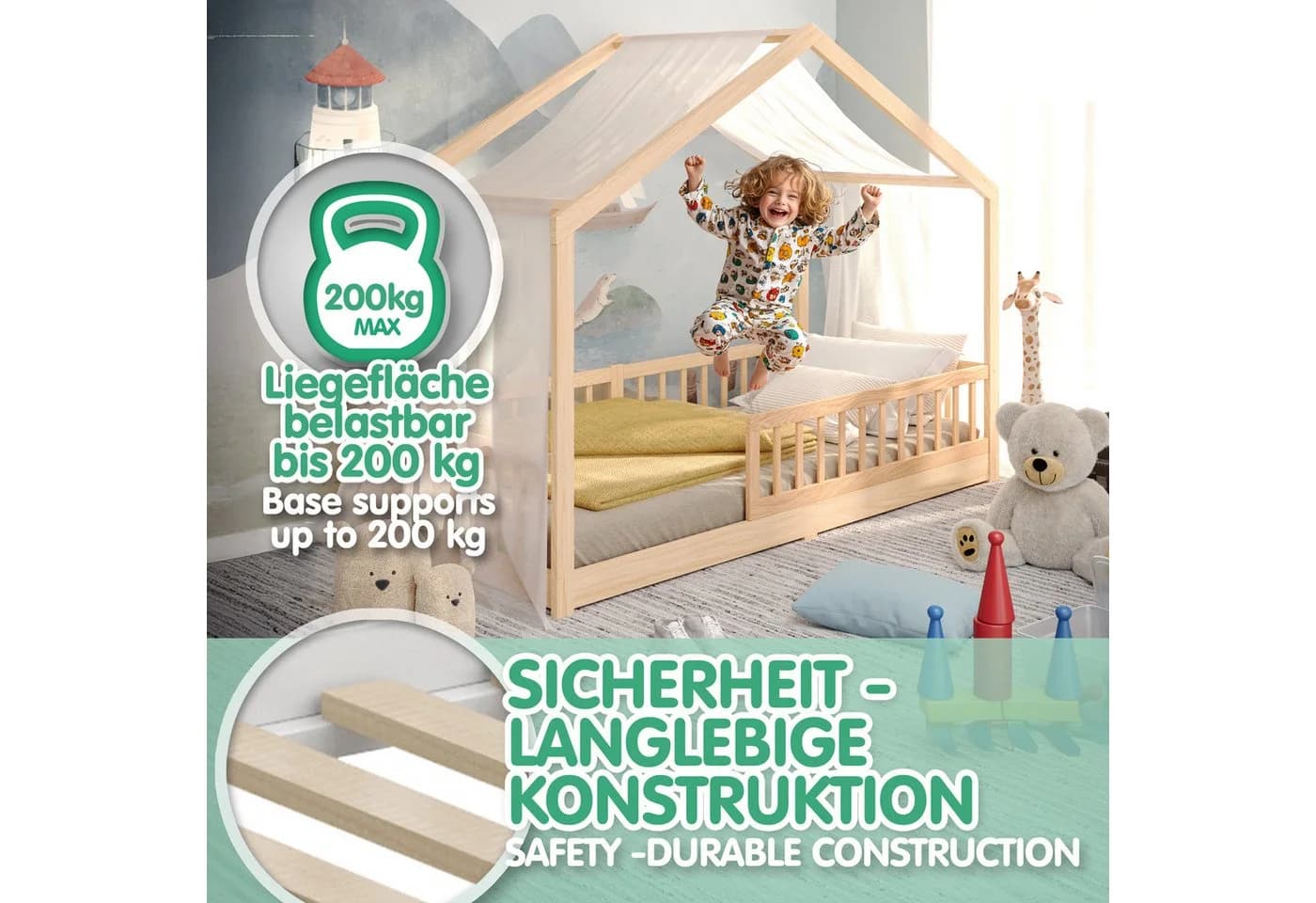CADANI Kinderbett Malte Hausbett Bodenbett Kiefer Massivholz - Bild 5