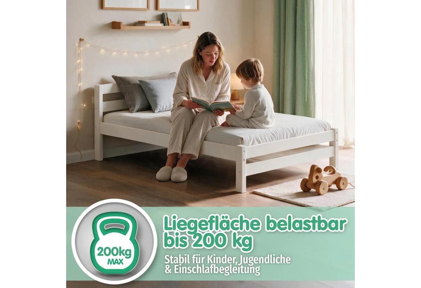 CADANI Kinderbett MIKA Weiß Massivholz bis 200 kg inkl. Lattenrost - Bild 3
