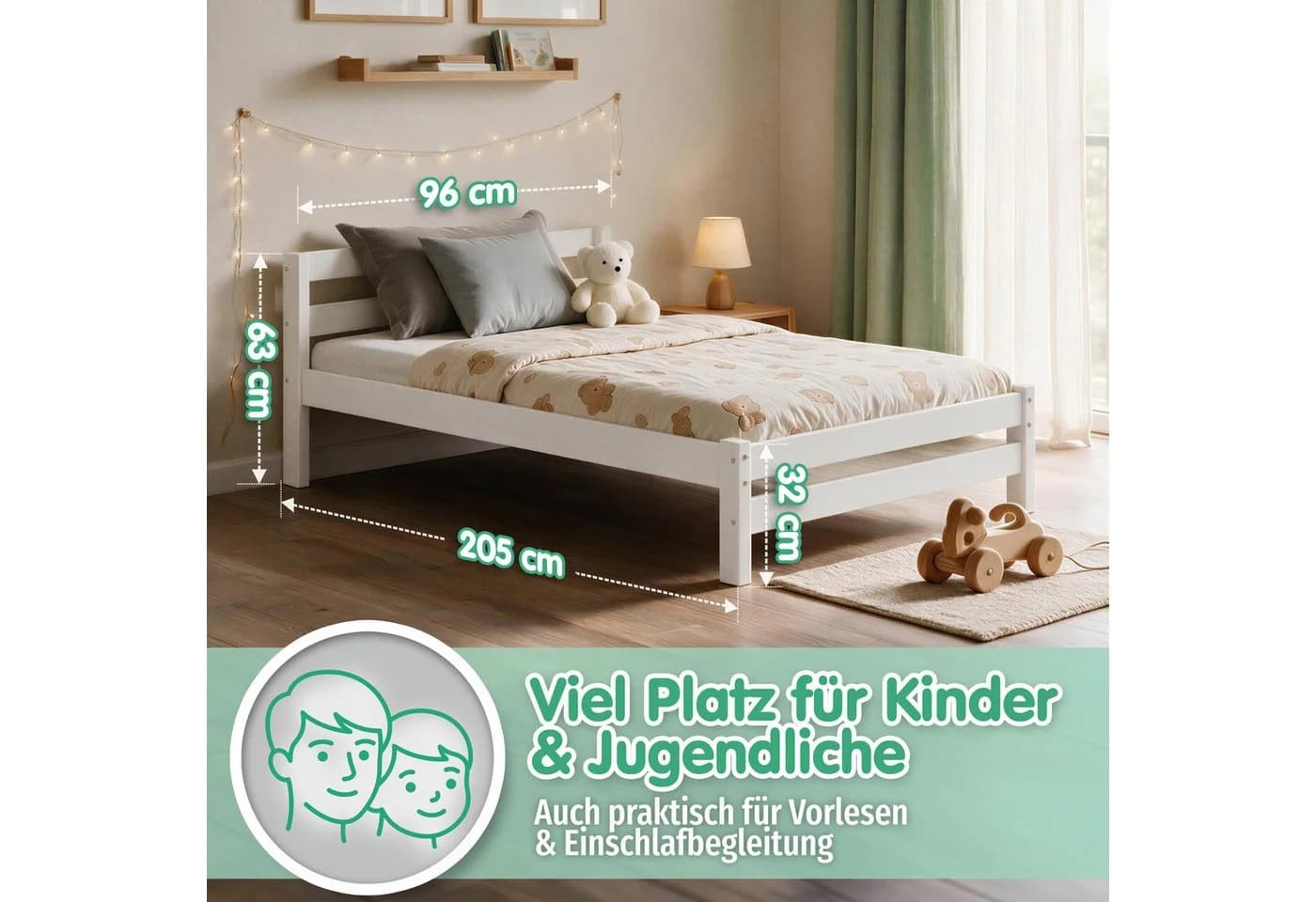 CADANI Kinderbett MIKA Weiß Massivholz bis 200 kg inkl. Lattenrost - Bild 4