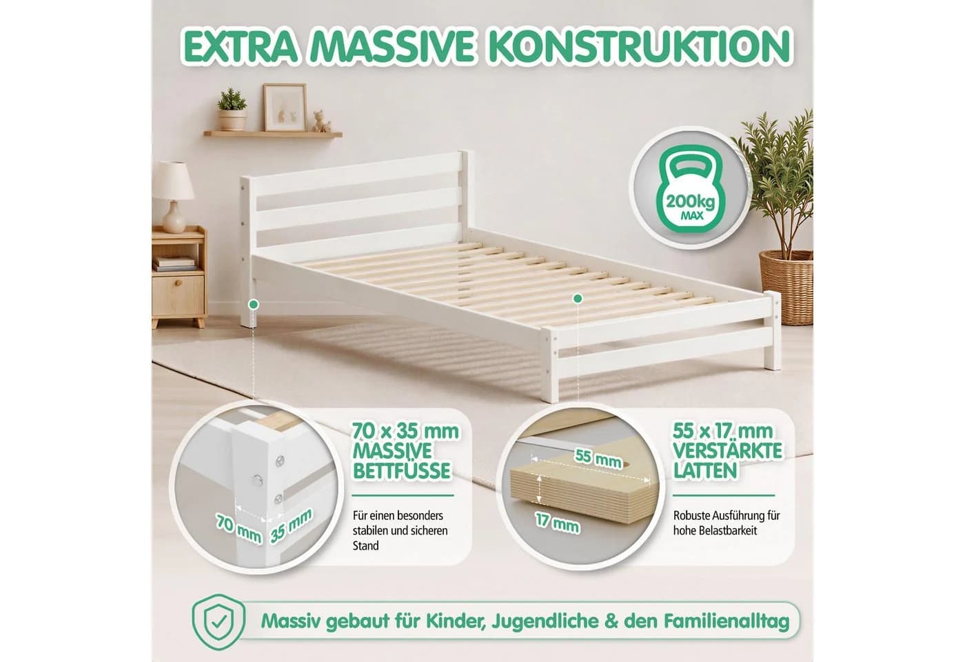 CADANI Kinderbett MIKA Weiß Massivholz bis 200 kg inkl. Lattenrost - Bild 5