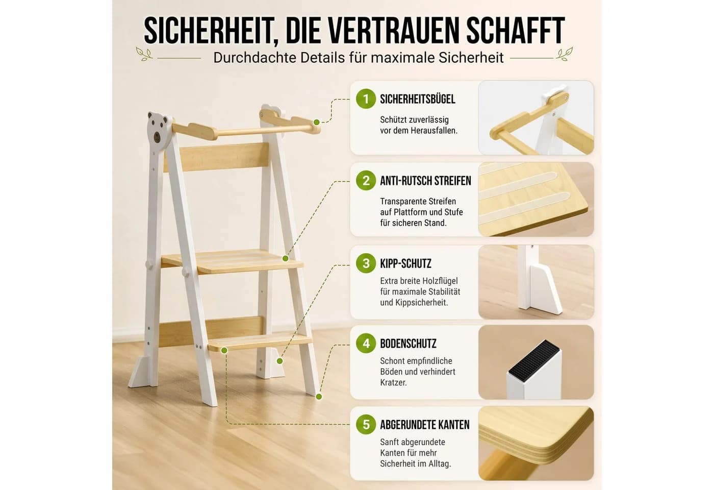 CADANI Lernturm JONAS Stehhilfe klappbar weiß Massivholz - Bild 4
