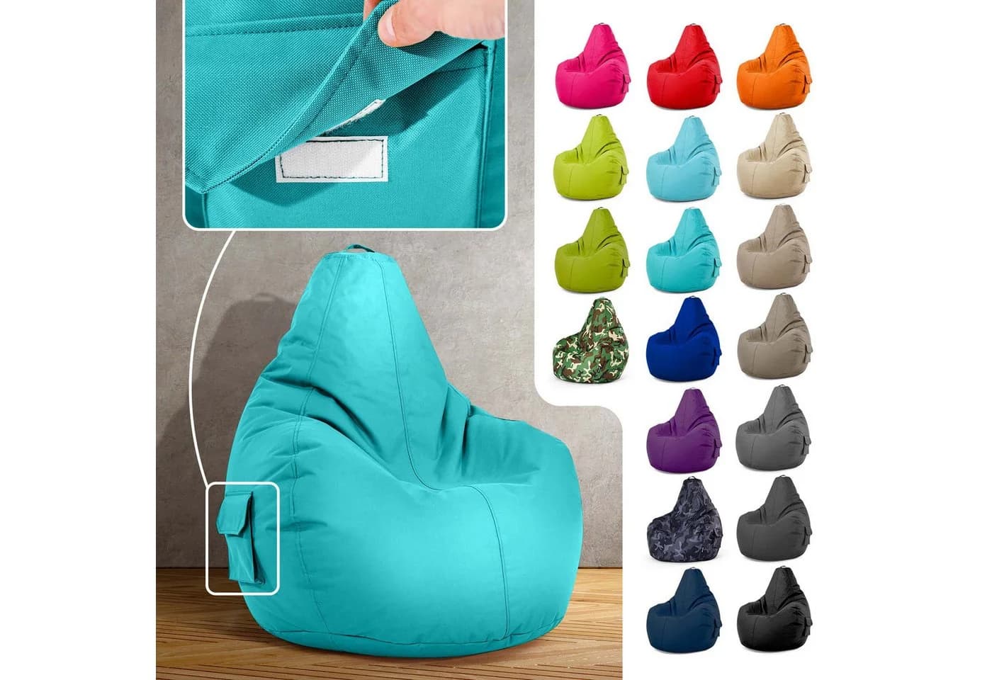 Green Bean Gaming Sitzsack mit Rückenlehne und Seitentaschen